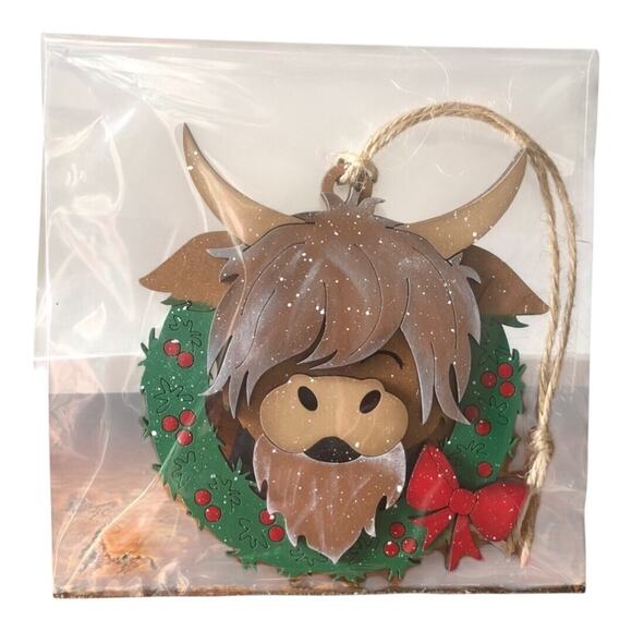 Handmade Whimsical Highlander Cow Wreath Santa Hat Hand Painted Wood Ornament - Picture 9 of 9